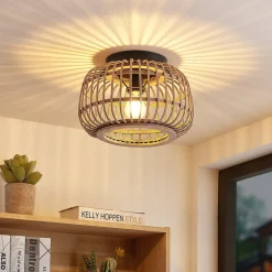 Lindby loftlampe Bominio, Ø 33 cm, rattan, træ, E27