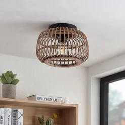 Lindby loftlampe Bominio, Ø 33 cm, rattan, træ, E27