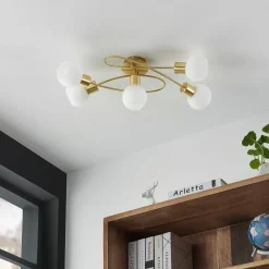 Lindby loftlampe Elaina, 66 cm, 5 lyskilder, messingfarvet, glas