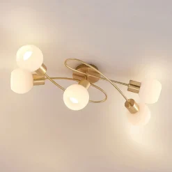 Lindby loftlampe Elaina, 66 cm, 5 lyskilder, messingfarvet, glas