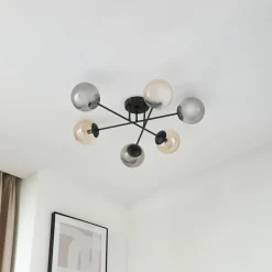 Lindby loftlampe Isamer, smoke grey/amber, Ø 80 cm, globe