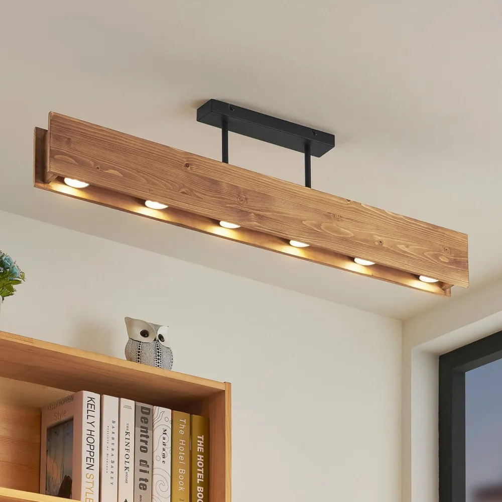 Lindby Loftlamper>loftlampe Malwin, GU10, 100 cm lang, 6 lyskilder, træ