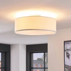 Lindby loftlampe Sebatin, Ø 40 cm, hvid, stof, E27