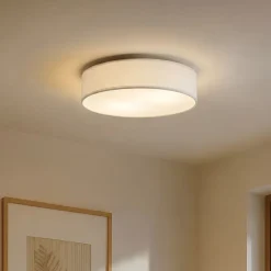 Lindby loftlampe Sebatin, Ø 50 cm, hvid, stof, E27