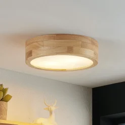 Lindby loftlampe Tanju, Ø 30 cm, 2 lyskilder, egetræ, E27