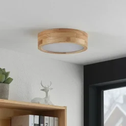 Lindby loftlampe Tanju, Ø 30 cm, 2 lyskilder, egetræ, E27