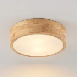 Lindby loftlampe Tanju, Ø 30 cm, 2 lyskilder, egetræ, E27