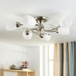 Lindby Gang|Loftlamper>loftlampe Tatas, Ø 64 cm, nikkel, 6 lyskilder, glas