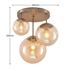 Lindby loftlampe Teeja, amber, 3 lyskilder, Ø47cm, glas, E27