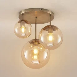 Lindby loftlampe Teeja, amber, 3 lyskilder, Ø47cm, glas, E27