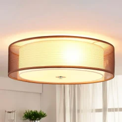 Lindby loftlampe Tobia, brun, tekstil, Ø 50 cm, E27