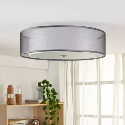 Lindby loftlampe Tobia, grå, tekstil, Ø 50 cm, E27