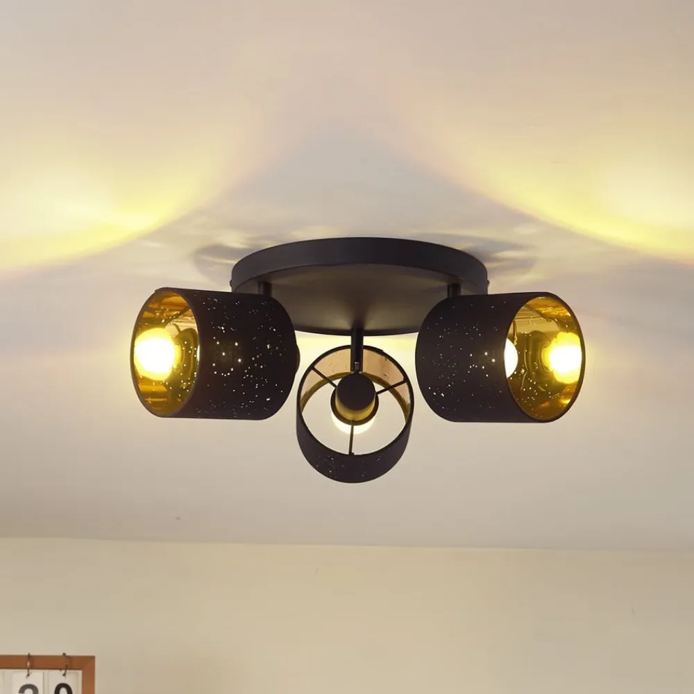 Lindby Loftlamper>loftlampe Vasilia, 3 lyskilder, sort/guld, stof