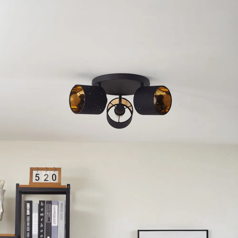 Lindby Loftlamper>loftlampe Vasilia, 3 lyskilder, sort/guld, stof