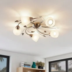 Lindby loftlampe Yannie, 5 lyskilder, 60 cm, nikkel/hvid, glas