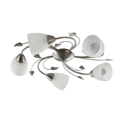 Lindby loftlampe Yannie, 5 lyskilder, 60 cm, nikkel/hvid, glas