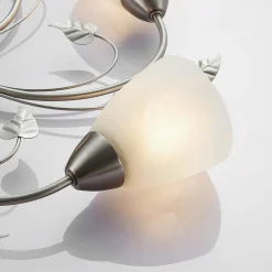 Lindby loftlampe Yannie, 5 lyskilder, 60 cm, nikkel/hvid, glas