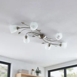 loftlampe Yannie, 6 lyskilder, 106 cm, nikkel/hvid, glas^Lindby Discount