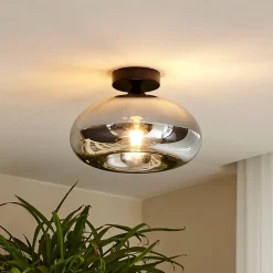 Lindby loftlampe Zehra, Ø 28 cm, røgfarvet grå, glas