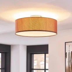 Lindby loftslampe Sebatin, Ø 40 cm, lysebrun, stof, E27