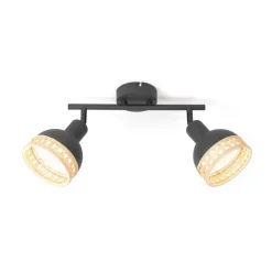 Lindby Lonnaris spotlight, rattan, sort, 2 lyskilder.