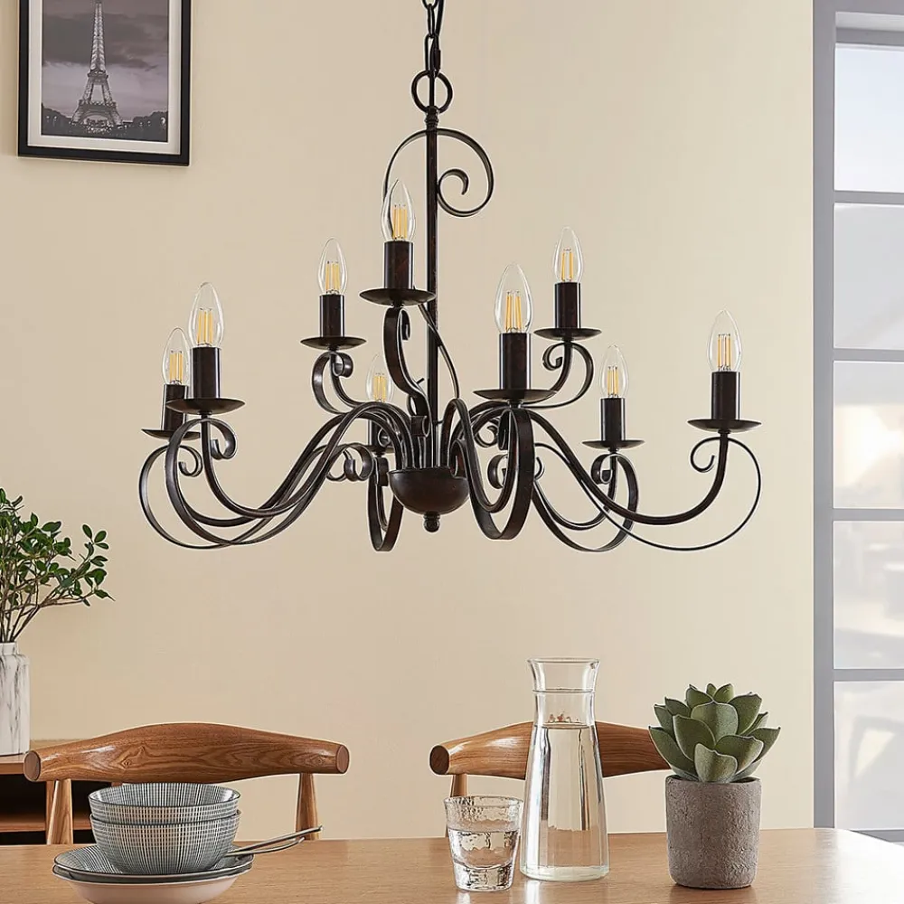 Lindby lysekrone Caleb, 9 lyskilder, rustfarvet, metal, E14