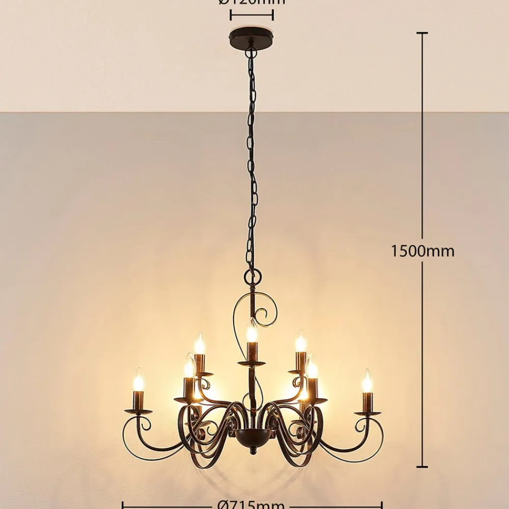 Lindby lysekrone Caleb, 9 lyskilder, rustfarvet, metal, E14