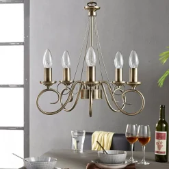 lysekrone Marnia, 5 lyskilder, Ø 40 cm, antik messing, E14^Lindby Hot