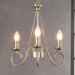 Lindby lysekrone Marnia, 3 lyskilder, Ø 40 cm, antik messing, E14