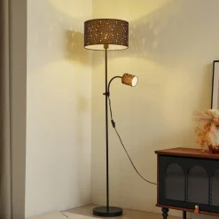 Lindby Melanie gulvlampe, grå, stof, Ø 36 cm, 2 lyskilder.