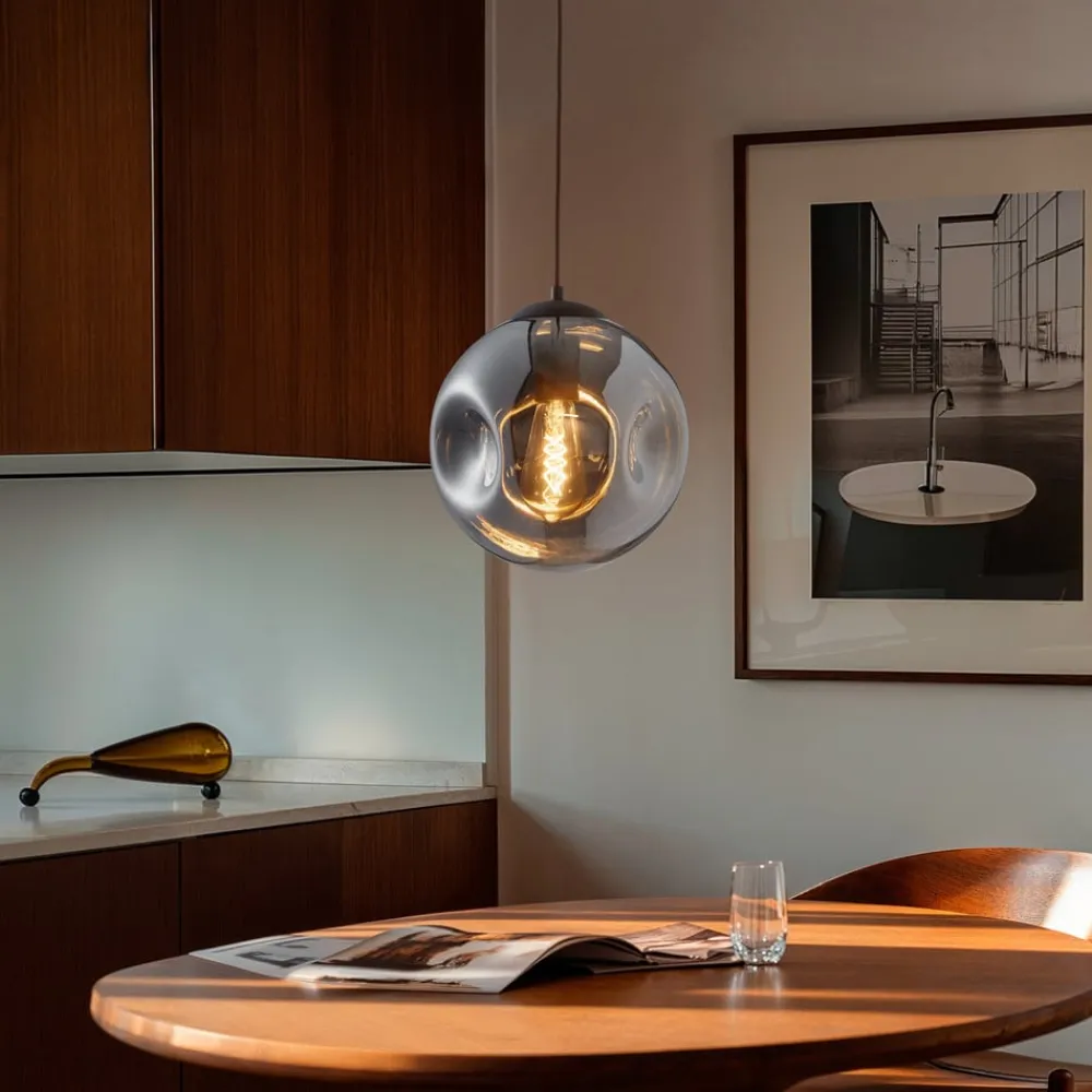 Lindby pendel Valentina, E27, Ø 25 cm, røgfarvet grå, glas