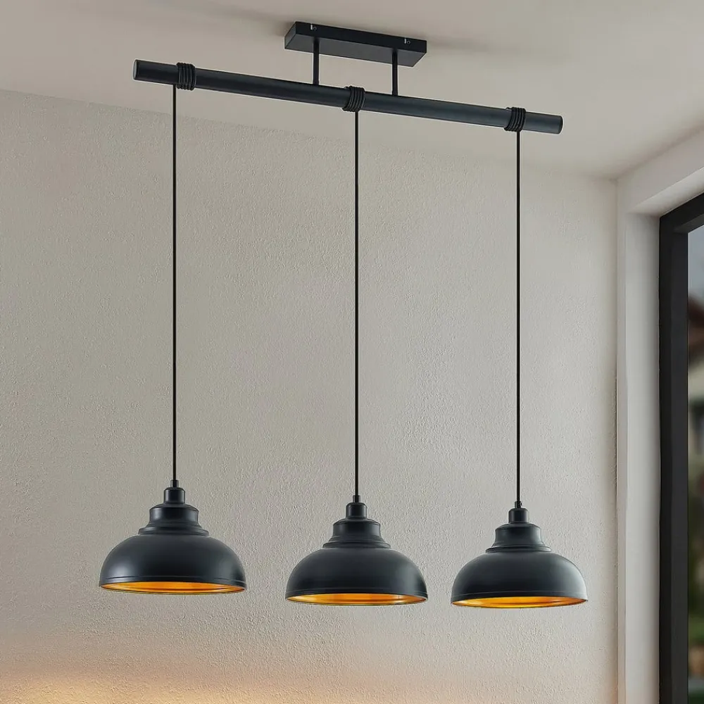pendellampe Emna, 3 lyskilder, sort/guld, metal, 101 cm^Lindby Discount
