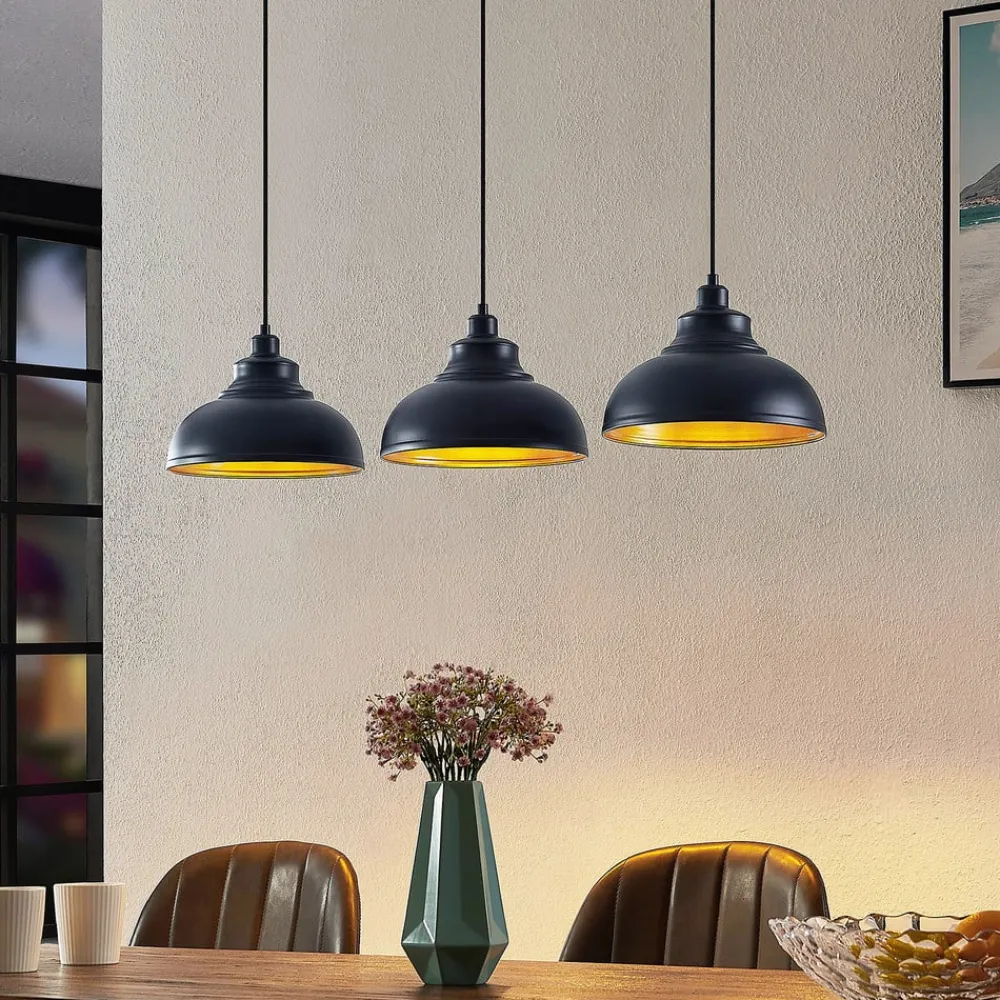 pendellampe Emna, 3 lyskilder, sort/guld, metal, 101 cm^Lindby Discount