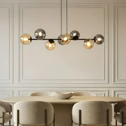 Lindby pendellampe Isamer, smoke grey/amber, 130 cm, globe