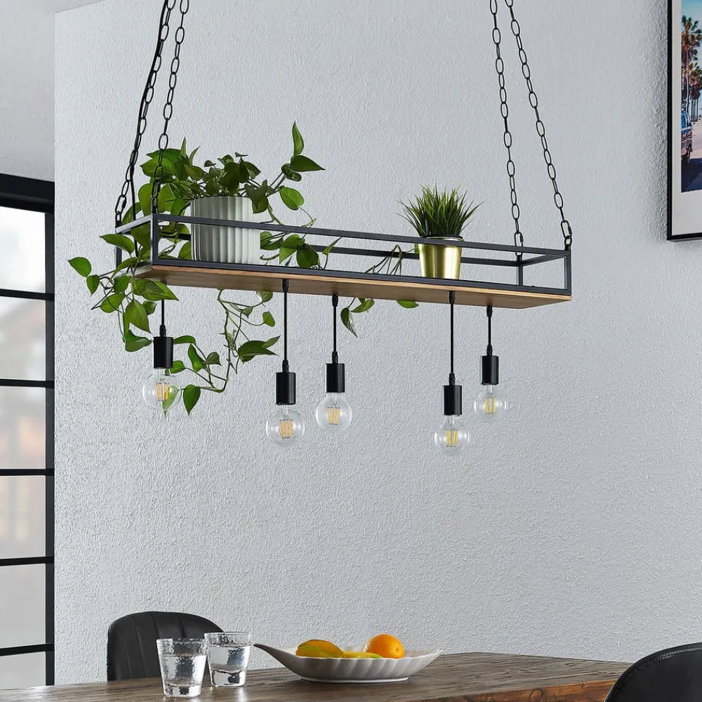 Lindby pendellampe Kirista, 5 lyskilder, sort, træ, 100 cm