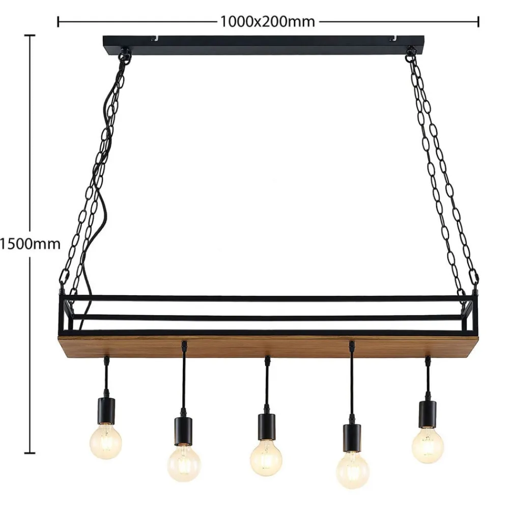 Lindby pendellampe Kirista, 5 lyskilder, sort, træ, 100 cm