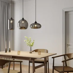 Lindby pendellampe Marla, 3 lyskilder, glas, røgfarvet grå, 102 cm