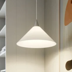 Lindby pendellampe Petra, hvid, glas, Ø 40 cm, kegle, E27