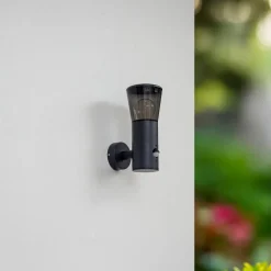 Lindby udendørs væglampe Heulo, Ø 10,5 cm, røggrå, sensor