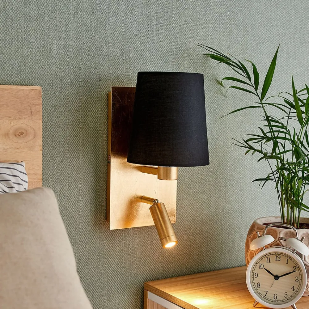 Lindby væglampe Aiden, 30 cm, sort, guld, LED-læselampe