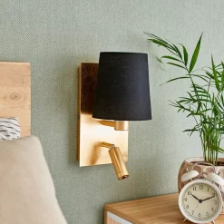 Lindby væglampe Aiden, 30 cm, sort, guld, LED-læselampe