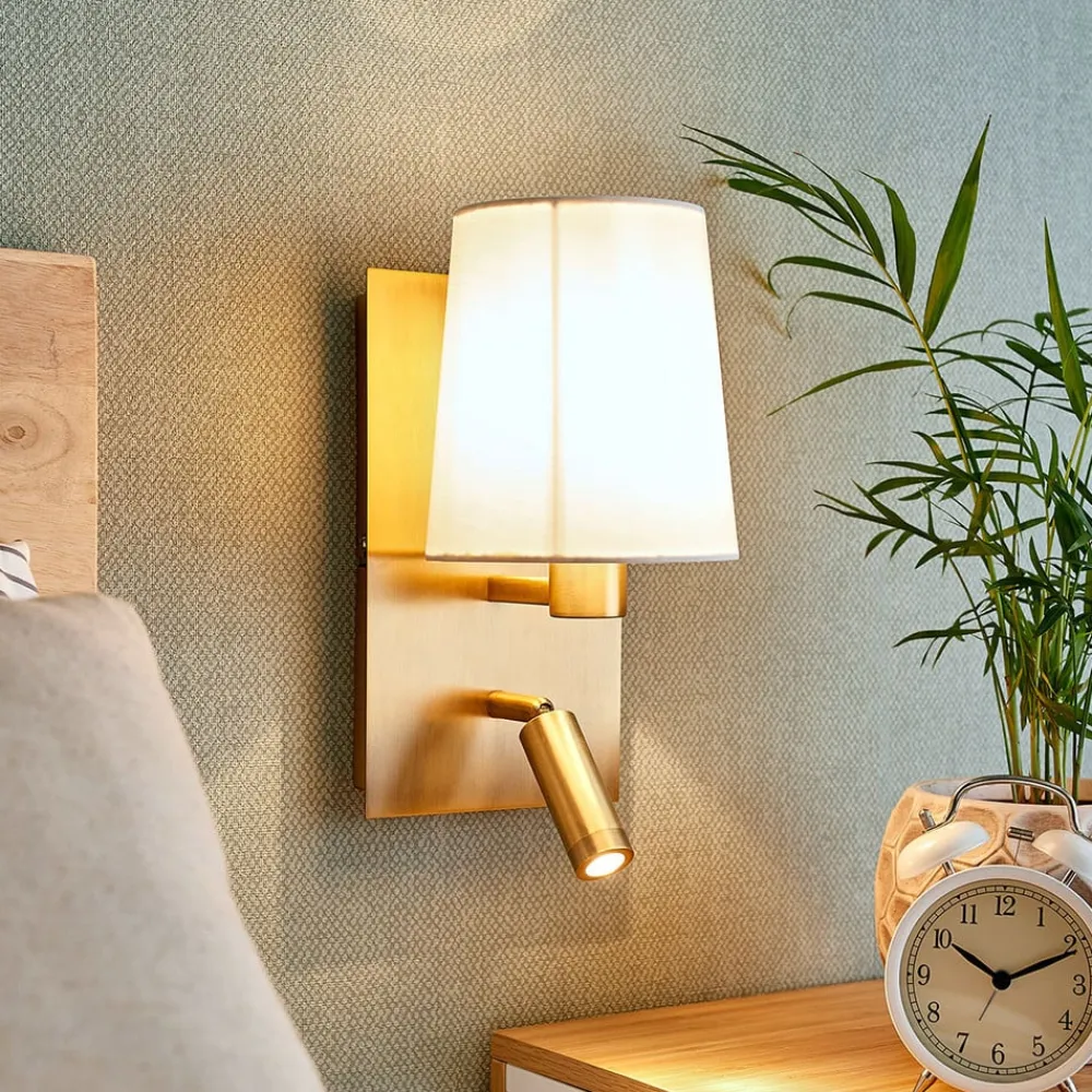 Lindby væglampe Aiden, 30 cm, antik messing, LED-læselampe