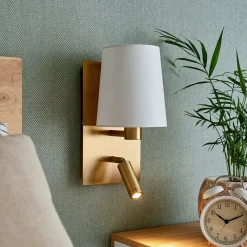 Lindby væglampe Aiden, 30 cm, antik messing, LED-læselampe