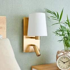 Lindby væglampe Aiden, 30 cm, antik messing, LED-læselampe