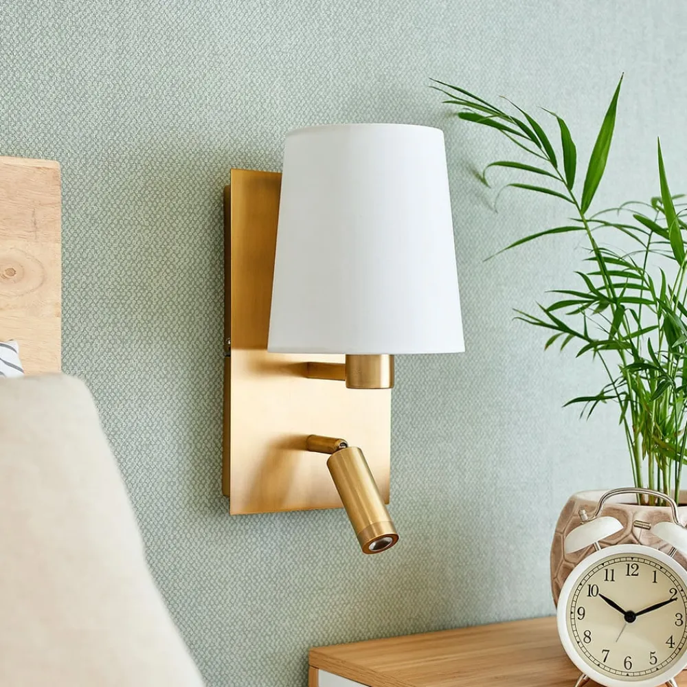 Lindby væglampe Aiden, 30 cm, antik messing, LED-læselampe