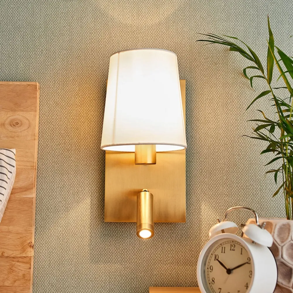 Lindby væglampe Aiden, 30 cm, antik messing, LED-læselampe