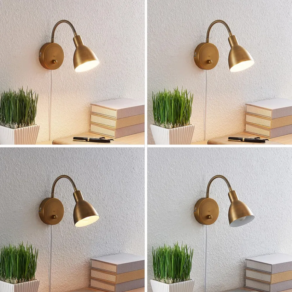 Lindby væglampe Amrei, antik messing, 42 cm, stik, dæmpbar