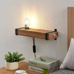 væglampe Sverina, 40 cm, træ, stik, E27^Lindby New