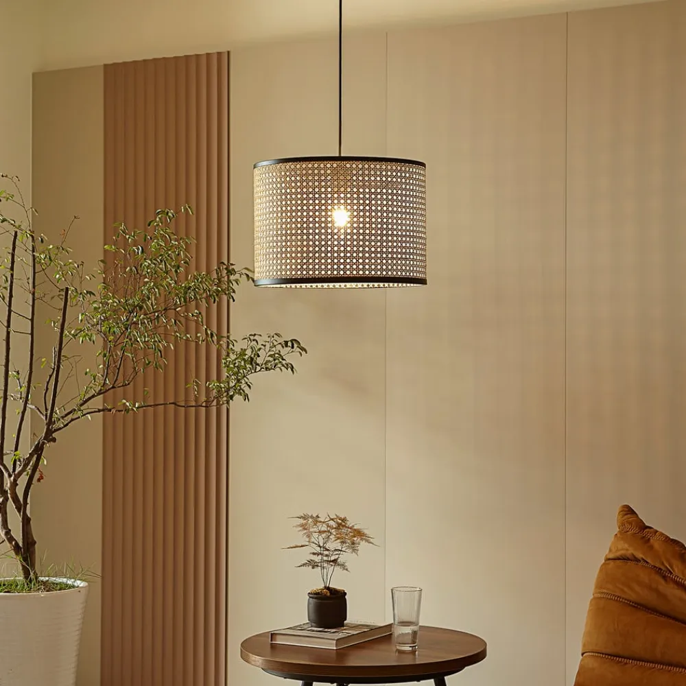 Lindby -pendel Yaelle, Ø 40 cm, rattan, sort, E27