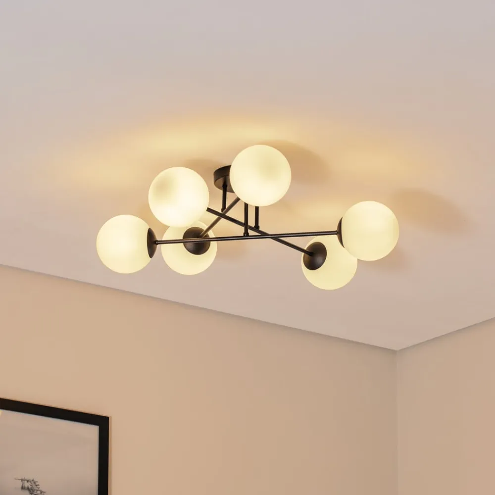 Loftlampe Glassy, 6 lyskilder, sort/opal^Euluna Hot